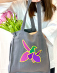 Grey Linen tote bag with embroidery - Linen Couture Boutique
