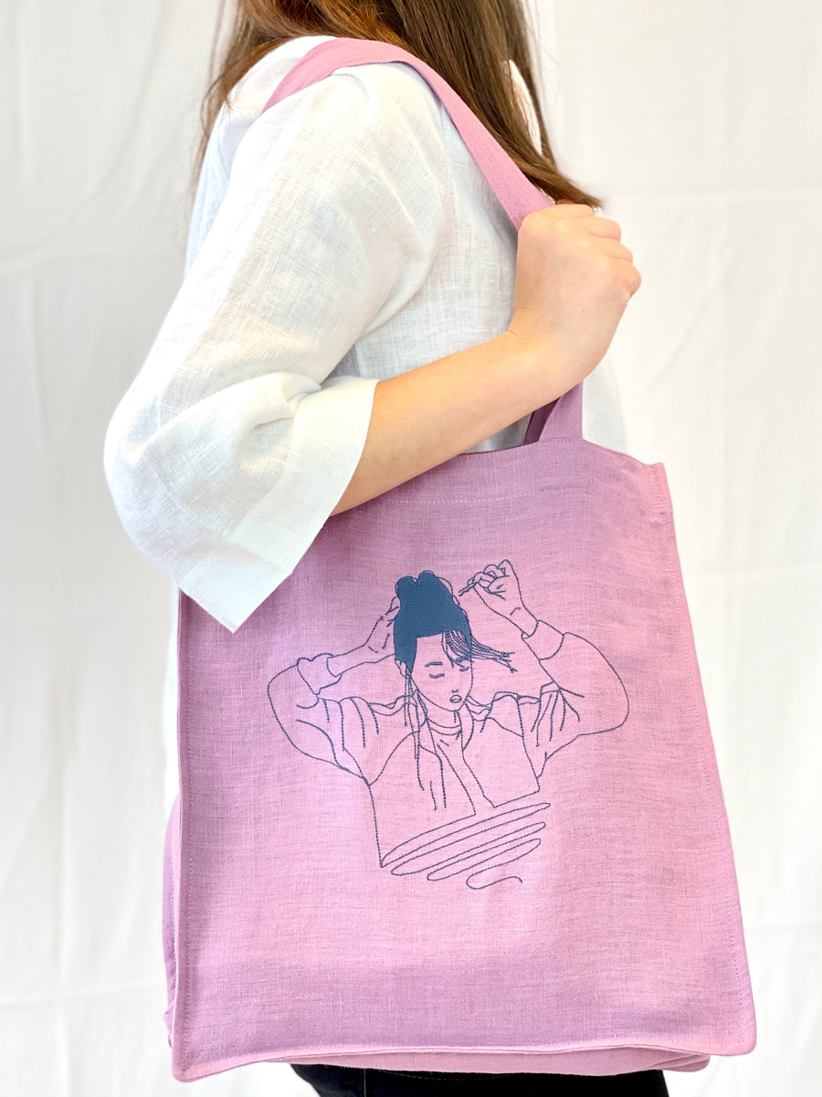 Deep Rose linen tote bag with embroidery - Linen Couture Boutique