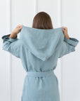 Greyish Mint linen robe with hoodie - Linen Couture Boutique