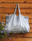 Ice Blue linen beach bag with pocket - Linen Couture Boutique
