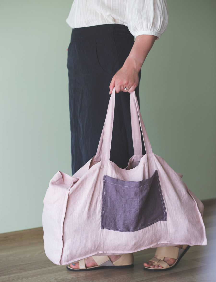 Pale Pink linen beach bag with two tones - Linen Couture Boutique