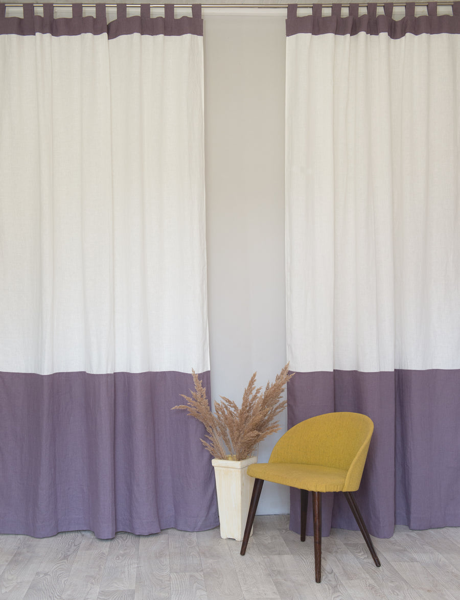 White and Pastel Plum linen curtains with tabs, two tones - Linen Couture Boutique