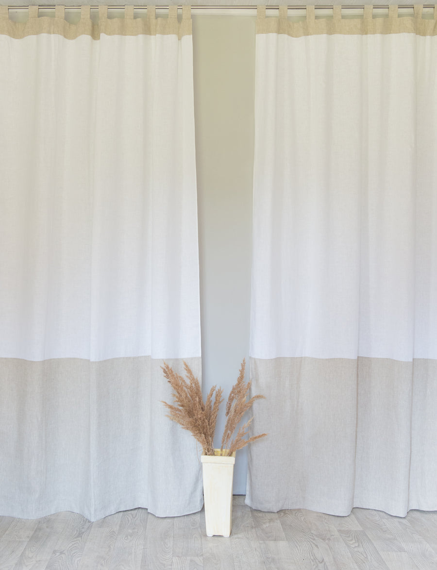 White and Natural Light linen curtains with tabs, two tones - Linen Couture Boutique