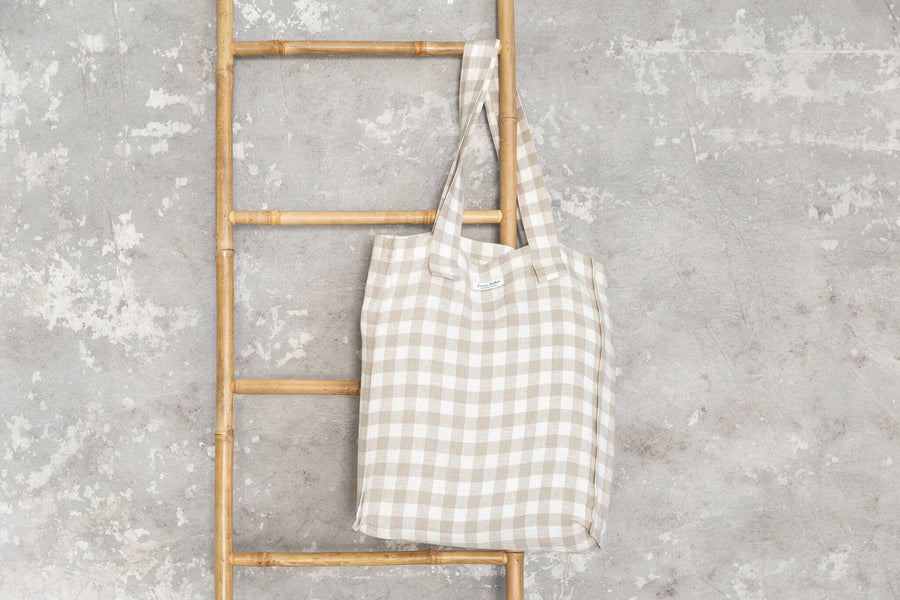 White and Natural check linen weekender bag - Linen Couture Boutique