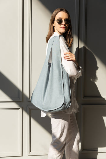 Greyish Mint linen tote bag with inside pocket - Linen Couture Boutique