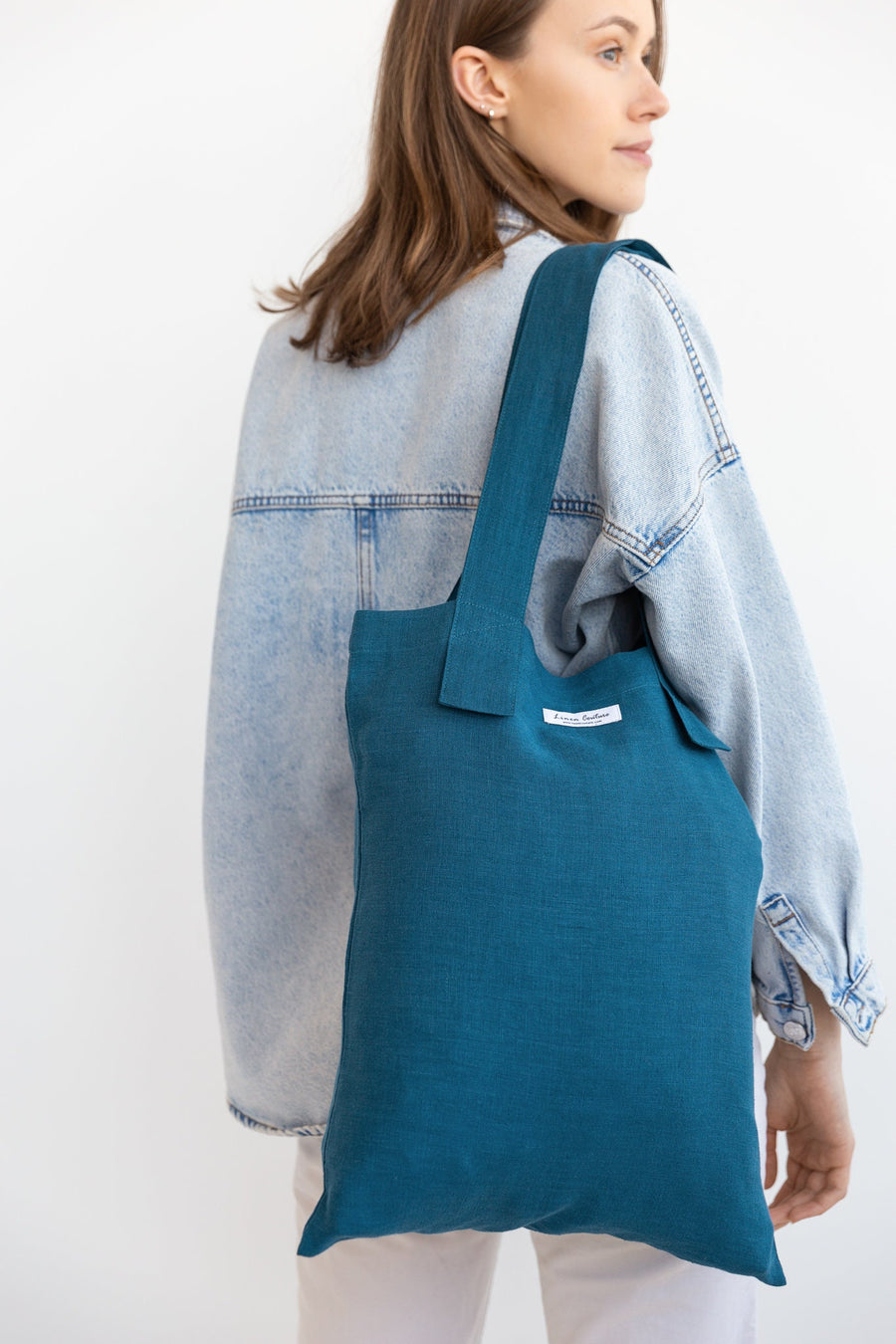 Dark Sea Blue linen large tote bag - Linen Couture Boutique