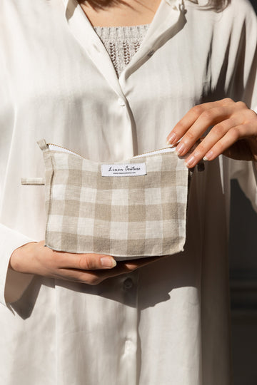 Natural and White check linen cosmetic bag - Linen Couture Boutique