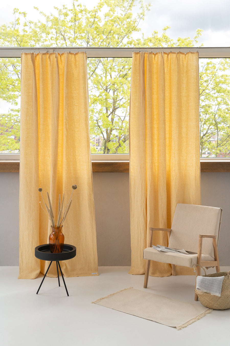 Canary Yellow linen curtain with pleating tape - Linen Couture Boutique