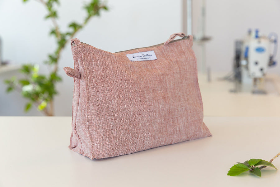 Light Chestnut linen large cosmetic bag - Linen Couture Boutique