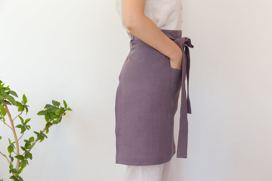 Linen Waist Apron with pockets in lemon color, half apron with pockets for cooking and kitchen, personalised aprons - Linen Couture Boutique