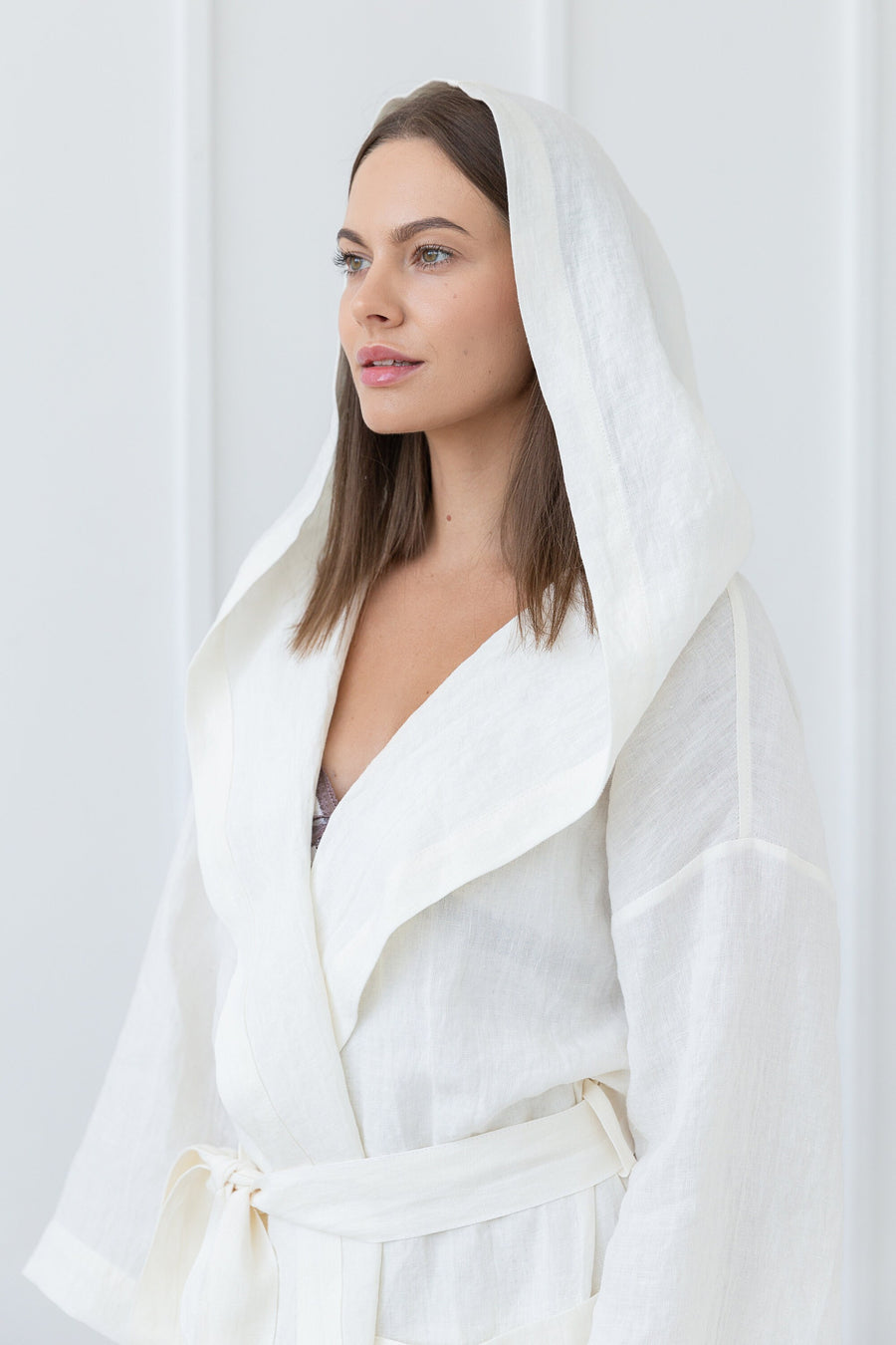 White Linen Bathrobe with Hoodie, Luxury Bathrobe with Hoodie, Classic Bathrobe, Sauna Robe, Linen Spa Robe, Linen Gown, Gift for Her/Him - Linen Couture Boutique