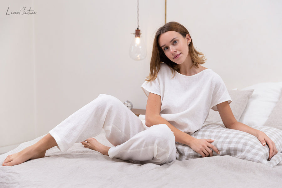 White linen / Natural Linen Pajama set / Linen loungewear / Linen sleepwear - Linen Couture Boutique