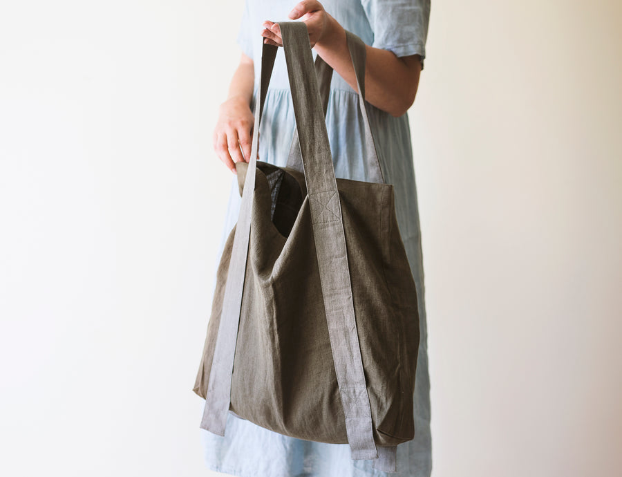 Safari Green and Greyish Mint linen canvas bag with two tones - Linen Couture Boutique