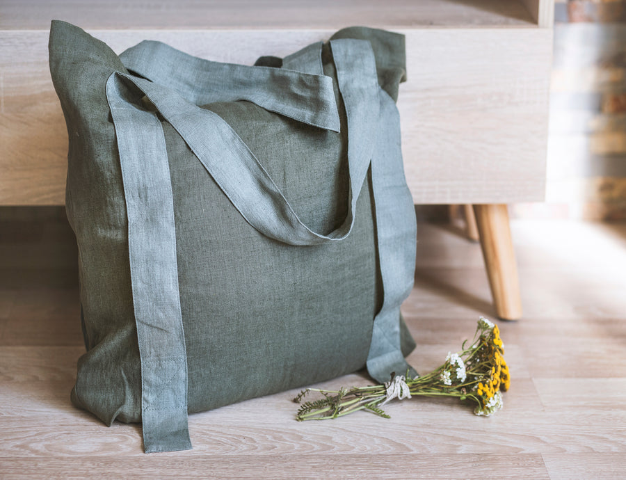 Safari Green and Greyish Mint linen canvas bag with two tones - Linen Couture Boutique