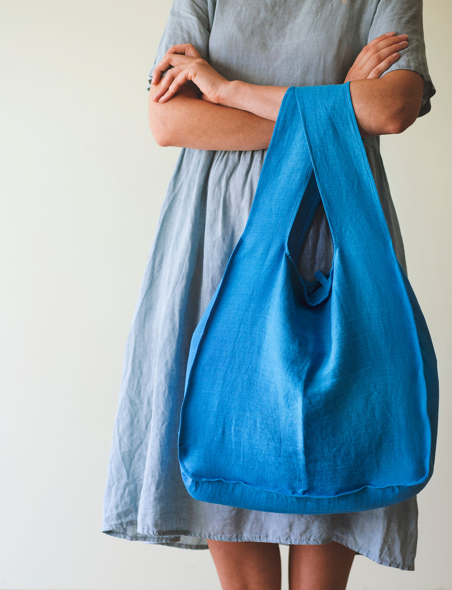 Sky Blue linen tote bag with inside pocket - Linen Couture Boutique