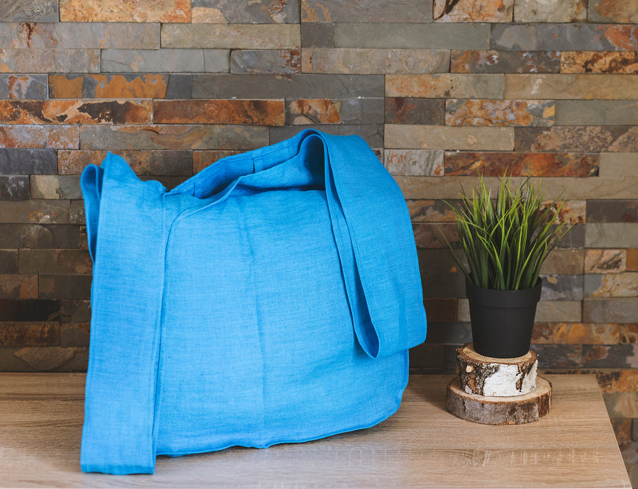 Sky Blue linen tote bag with inside pocket - Linen Couture Boutique