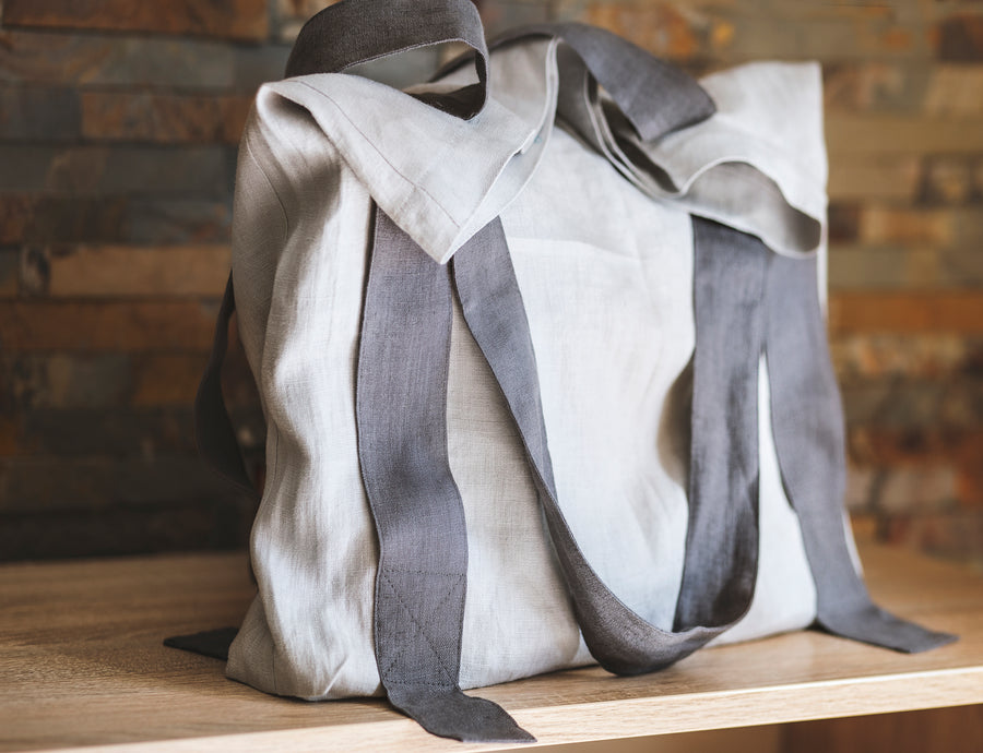 Safari Green and Greyish Mint linen canvas bag with two tones - Linen Couture Boutique
