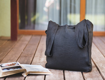 Black linen tote bag with inside pocket - Linen Couture Boutique