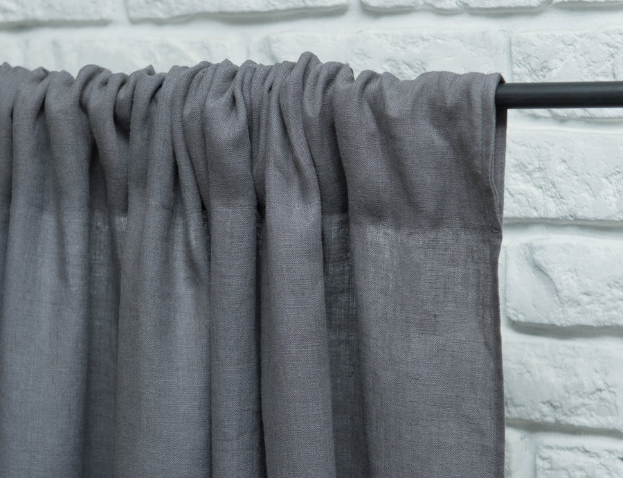 Light Grey linen curtain with ruffles, rod pocket - Linen Couture Boutique
