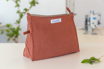 Reddish Brown linen large cosmetic bag - Linen Couture