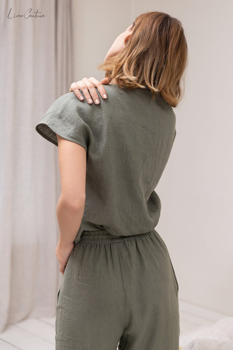Safari green linen / Natural Linen Pajama set / Linen loungewear / Linen sleepwear - Linen Couture