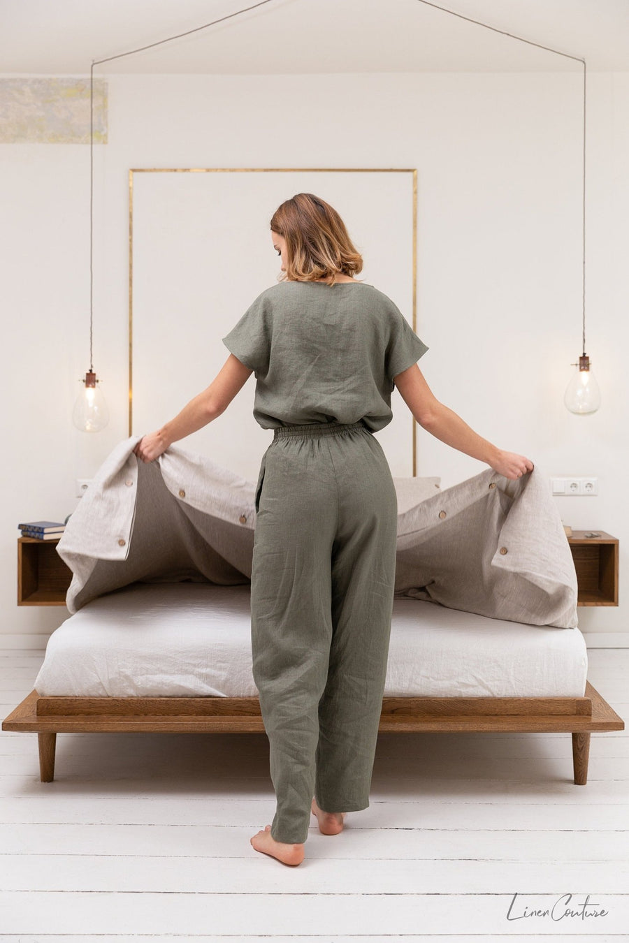 Safari green linen / Natural Linen Pajama set / Linen loungewear / Linen sleepwear - Linen Couture