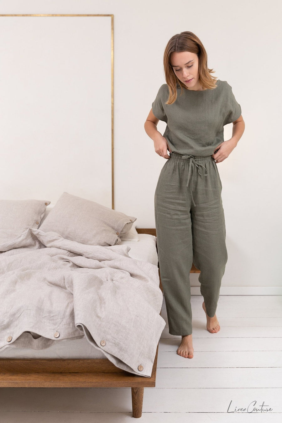 Safari green linen / Natural Linen Pajama set / Linen loungewear / Linen sleepwear - Linen Couture