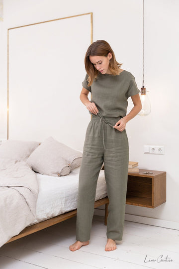 Safari green linen / Natural Linen Pajama set / Linen loungewear / Linen sleepwear - Linen Couture