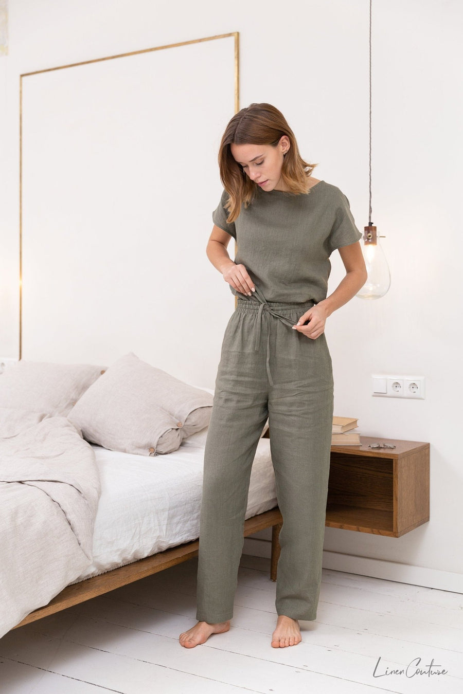 Safari green linen / Natural Linen Pajama set / Linen loungewear / Linen sleepwear - Linen Couture
