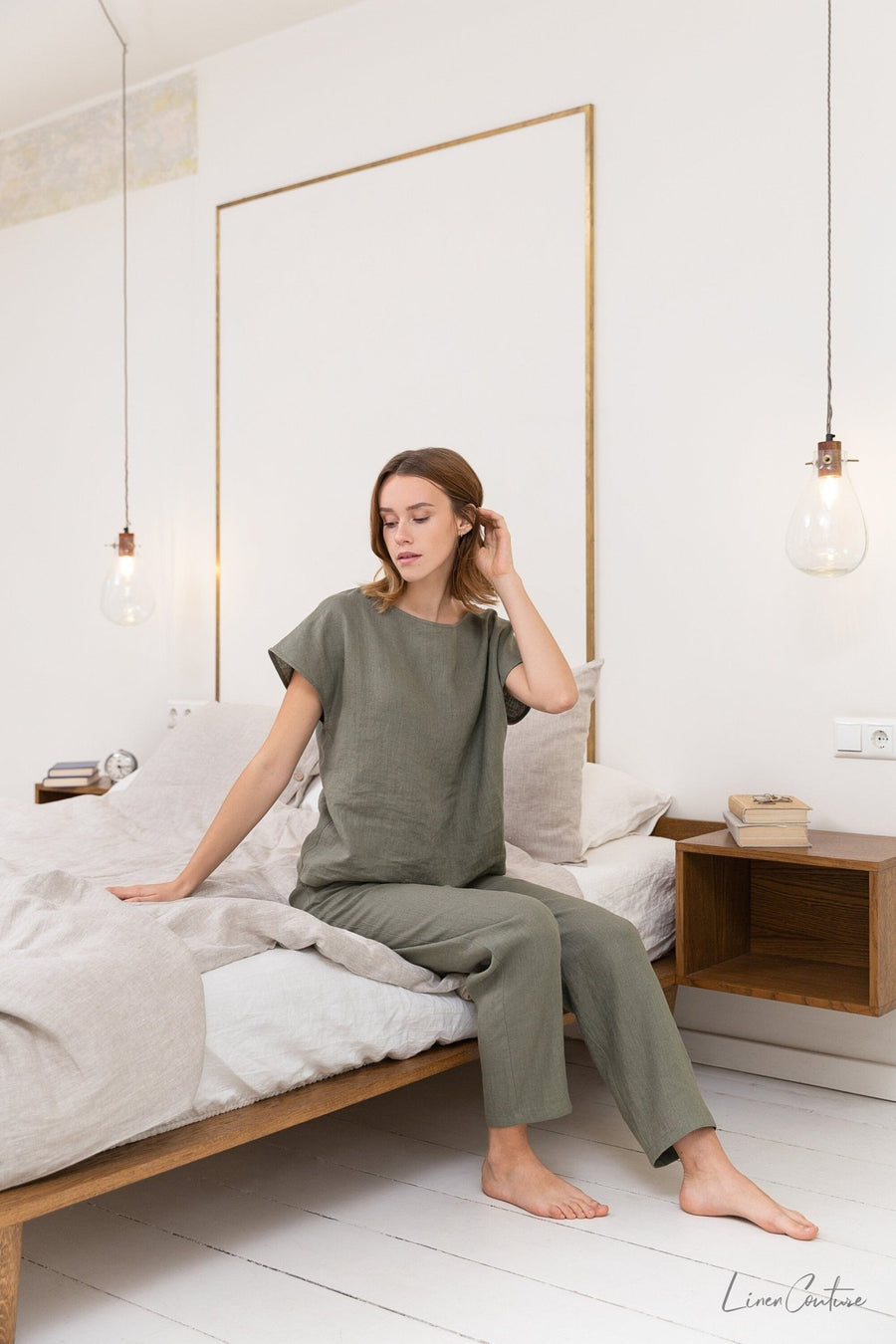 Safari green linen / Natural Linen Pajama set / Linen loungewear / Linen sleepwear - Linen Couture