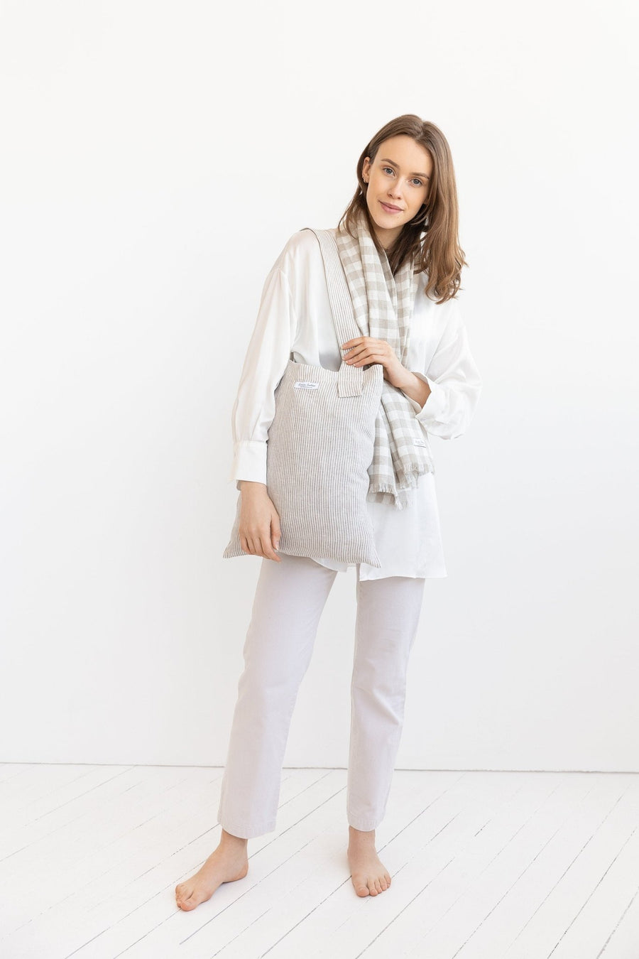Striped Beige linen large tote bag - Linen Couture