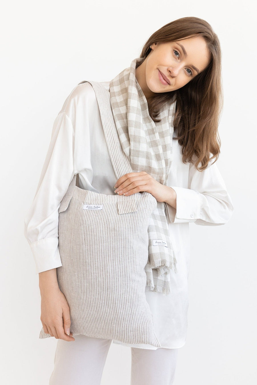 Striped Beige linen large tote bag - Linen Couture