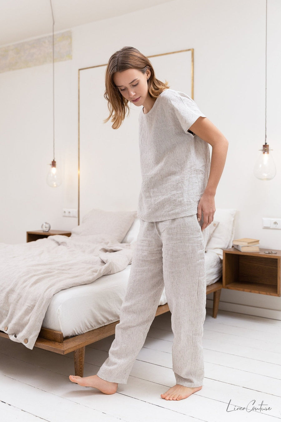 Striped Beige linen / Natural Linen Pajama set / Linen loungewear / Linen sleepwear - Linen Couture