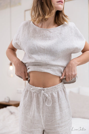 Striped Beige linen / Natural Linen Pajama set / Linen loungewear / Linen sleepwear - Linen Couture