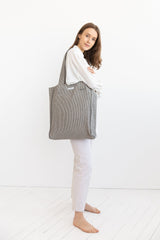 Striped Dark Grey linen weekender bag - Linen Couture