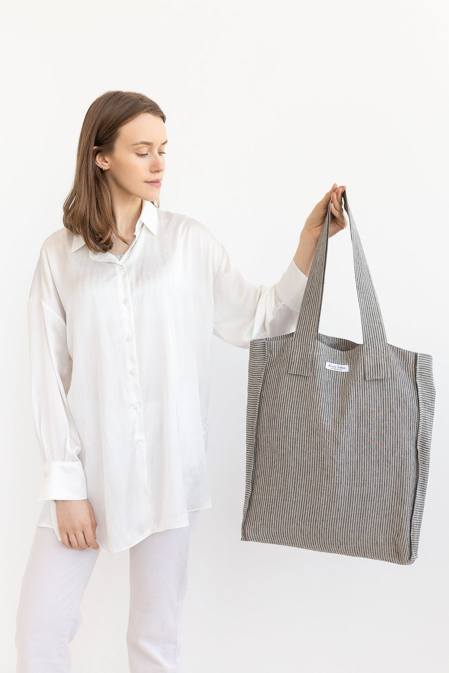 Striped Dark Grey linen weekender bag - Linen Couture