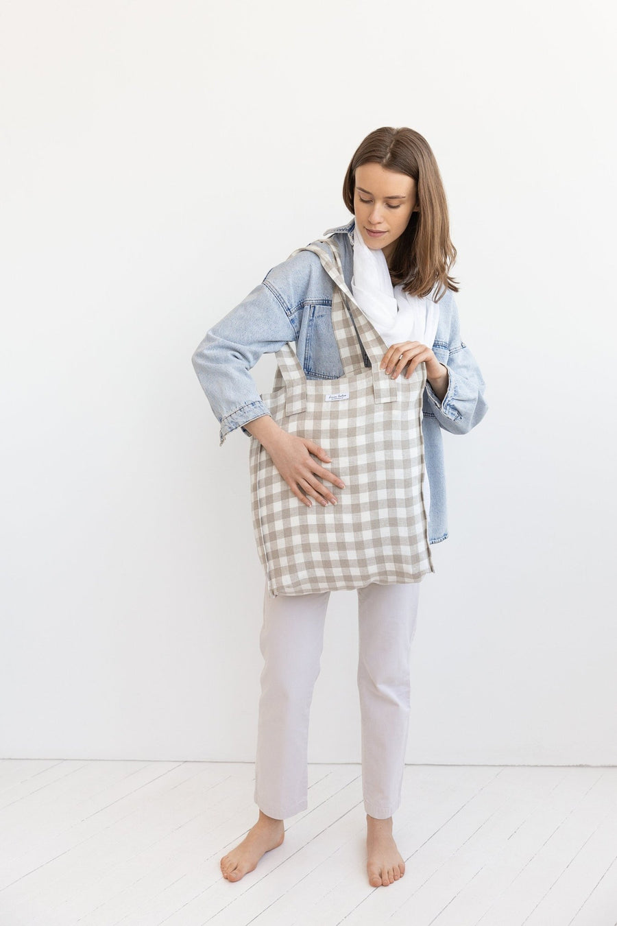 White and Natural check linen weekender bag - Linen Couture