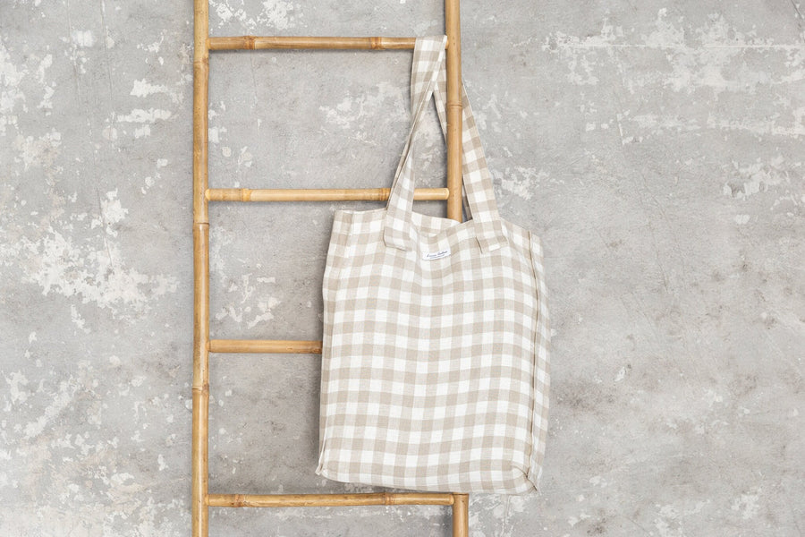 White and Natural check linen weekender bag - Linen Couture