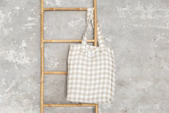 White and Natural check linen weekender bag - Linen Couture