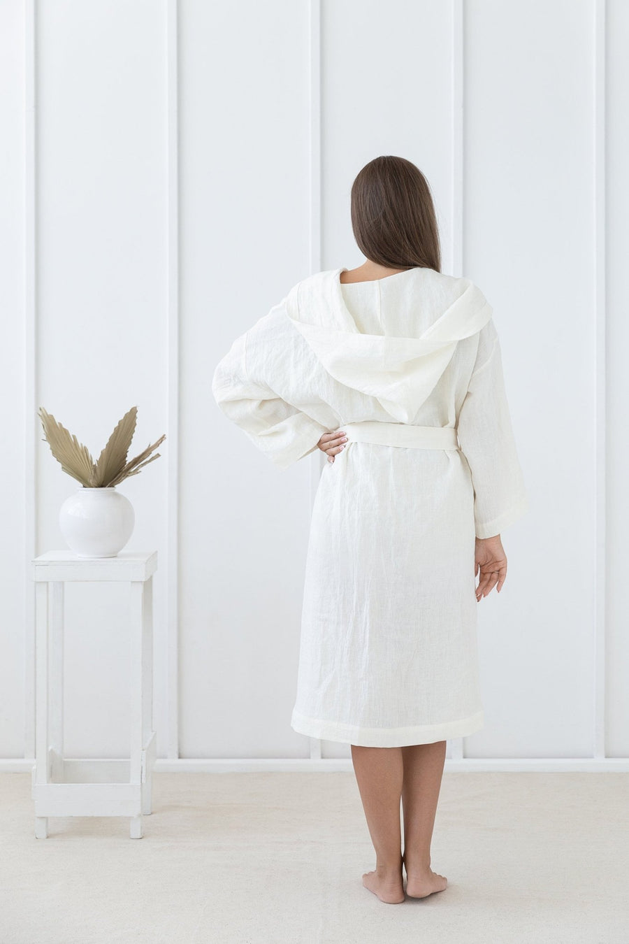 White linen robe with hoodie - Linen Couture