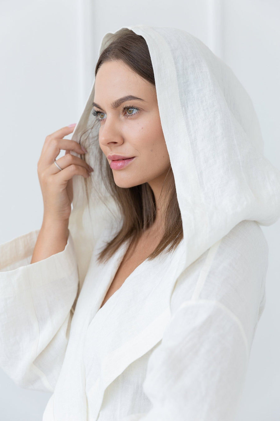 White linen robe with hoodie - Linen Couture