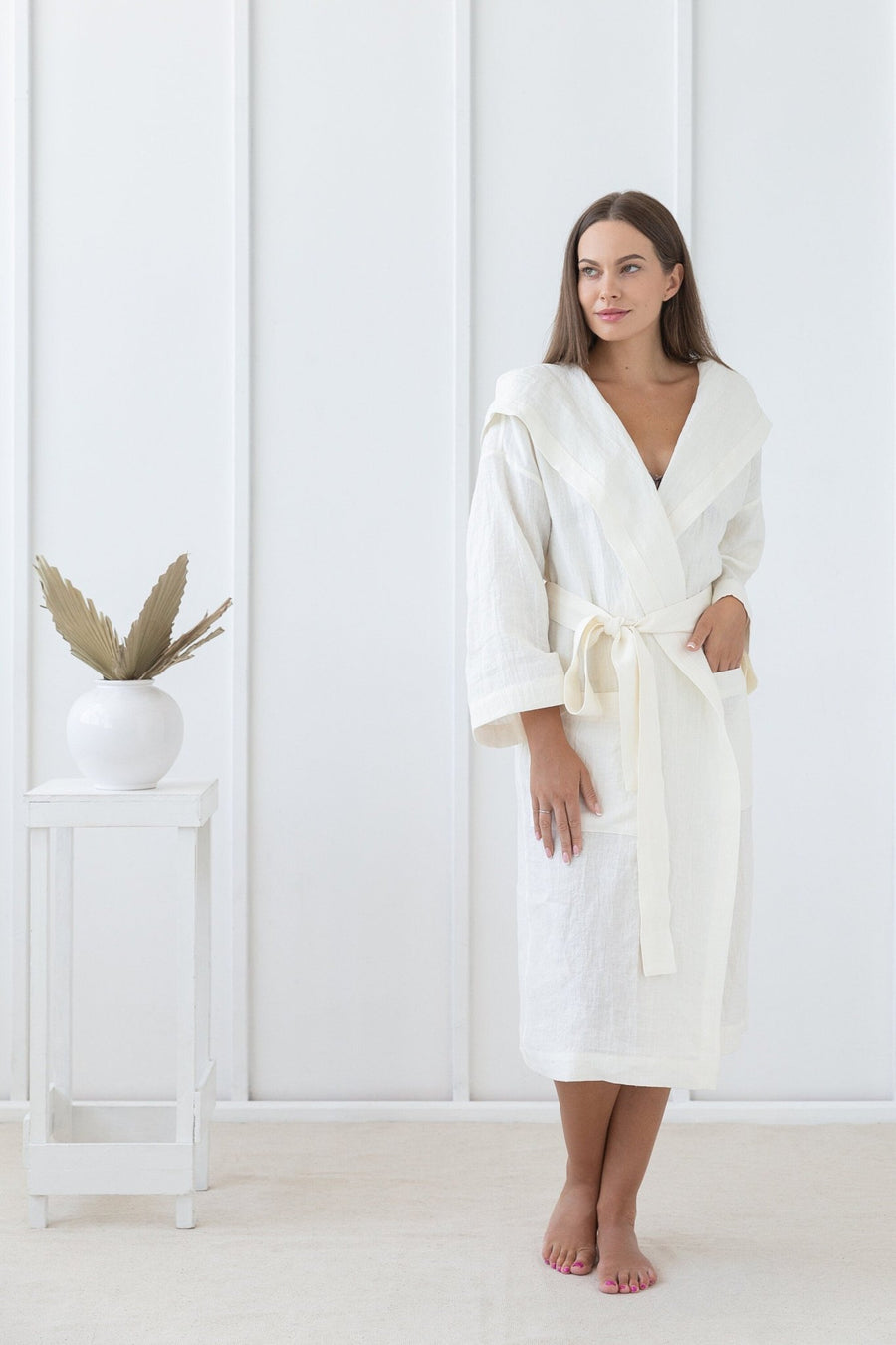 White linen robe with hoodie - Linen Couture