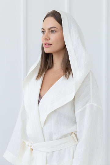 White linen robe with hoodie - Linen Couture