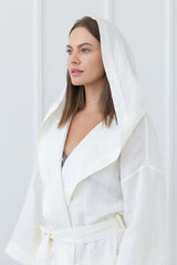 White linen robe with hoodie - Linen Couture
